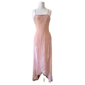 VTG Y2k 90s Scala Silk Beaded Slip Dress Mermaid Ruffle Gown Fairy Pink Sz L